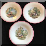 P15. Set of 3 Hanley Glass Worth Bros. plates with pink borders. Some signs of wear. - $24 